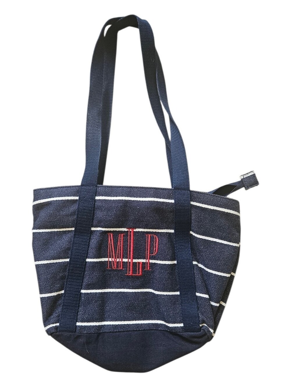 Thirty-One Demi Day Bag - Navy Blue White Twill Stripe Purse Monogram "MLP"